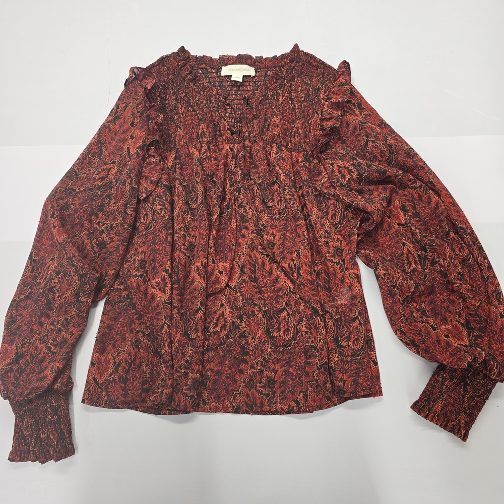 Treasure & Bond Womens‎ L Red Paisley Smocked Ruffle Blouse Metallic